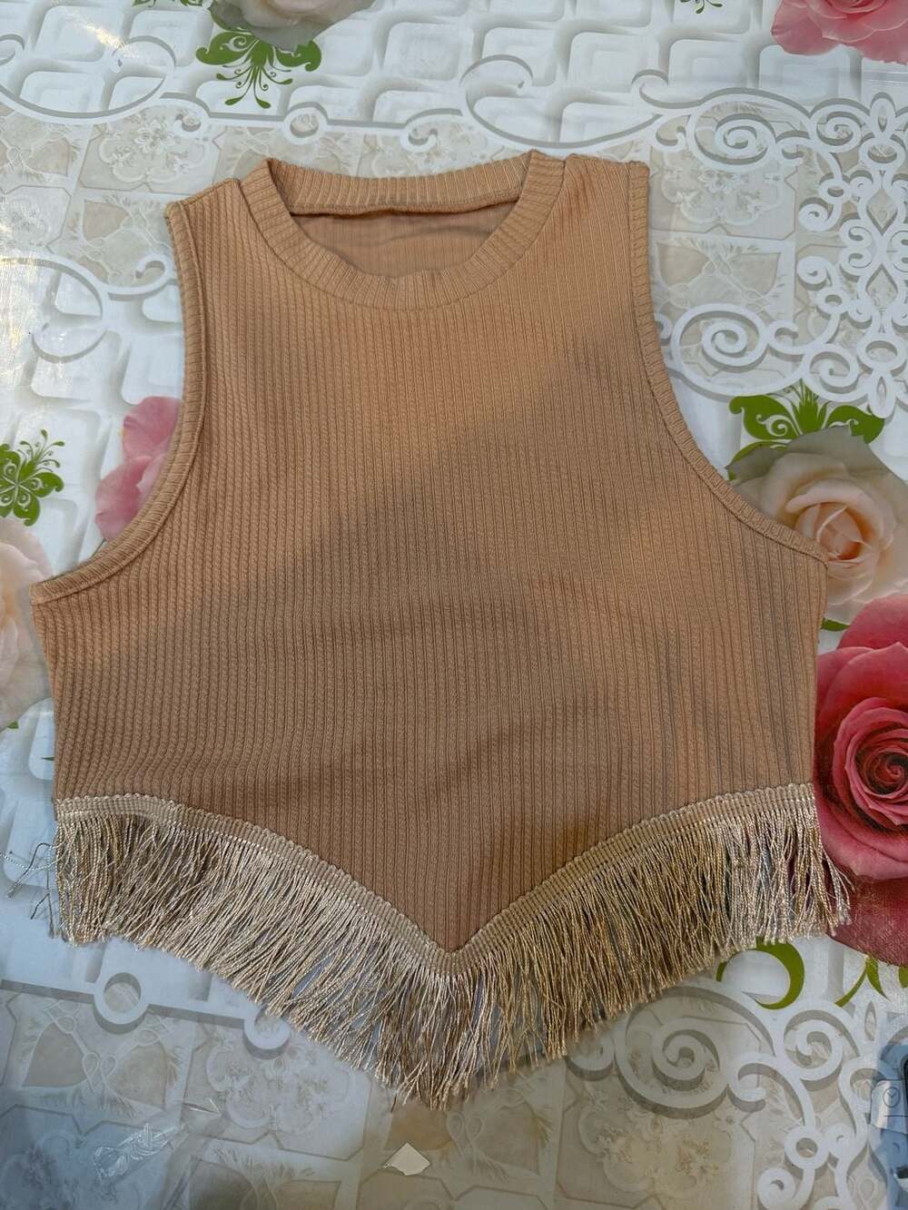 SHEIN Fringe Trim Ribbed Tank Top